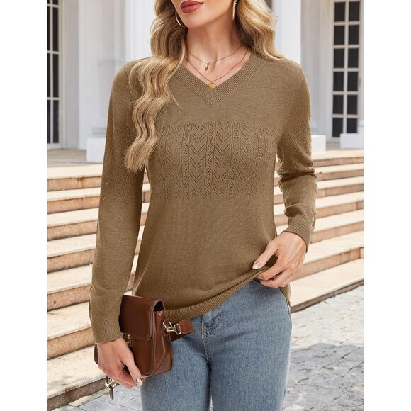Women's Camel Wool Long Sleeve Crochet Pullover V Neck Lightweight Sweater - Picture 2 of 7